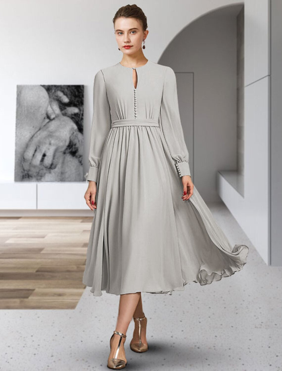 Abito da madre della sposa a trapezio, elegante, in chiffon, con scollo gioiello, lunghezza tè, maniche lunghe, con fiocco/i, bottoni e pieghe.